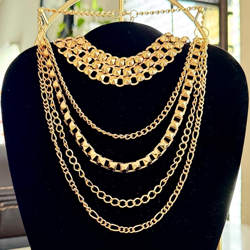 Rainbow Gold Tone Choker & Layered Necklace Set